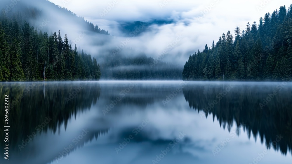 Mystical wilderness scene with a tranquil lake surrounded by towering pines, shrouded in early morning fog, the water reflecting the ethereal sky Mystical wilderness scene with a tranquil lake surrounded by towering pines, shrouded in early morning fog, the water reflecting the ethereal sky
