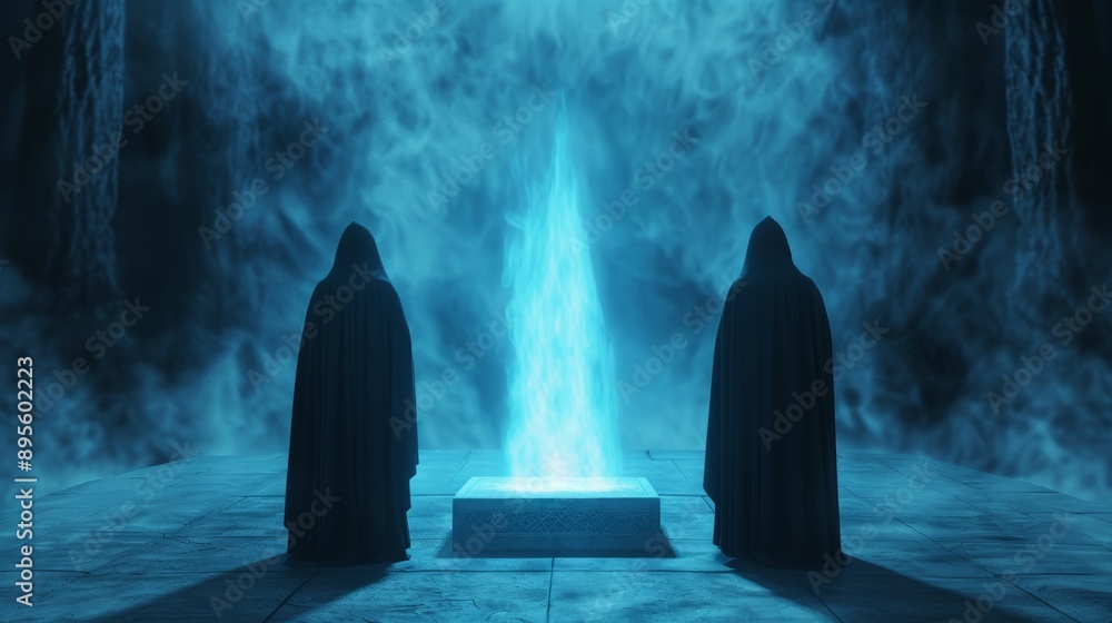 Secretive meeting of wizards in a dark forest, magical mist surrounding them, ancient spell books and glowing artifacts, a sense of hidden power Secretive meeting of wizards in a dark forest, magical mist surrounding them, ancient spell books and glowing artifacts, a sense of hidden power
