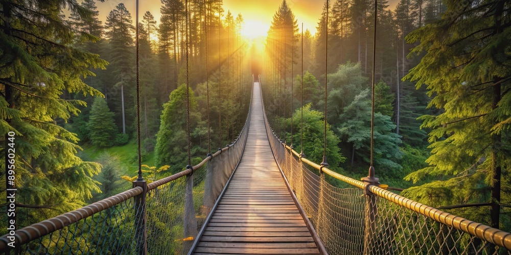 Fototapeta premium Serene wooden suspension bridge in a lush forest at sunset , peaceful, tranquil, bridge, wooden, suspension, lush, forest