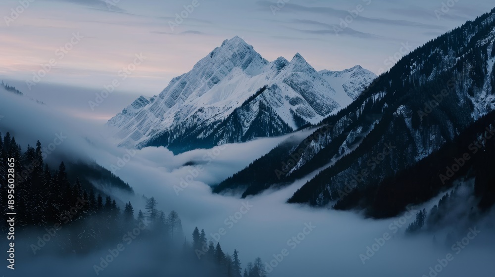 custom made wallpaper toronto digitalSerene mountain landscape, pristine peaks covered in snow, quiet valley below, mystical mist weaving through the trees, enchanted twilight sky