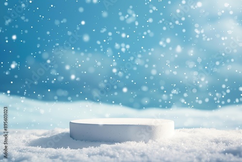 Podium for Cosmetic Product Presentation Show. Abstract Winter Minimal Sphere. Cylinder One Form, Shadow. Showcase Display Case Scene Stand. Snow Falling, Blue Backdrop. Christmas, New Year Vibe Mood