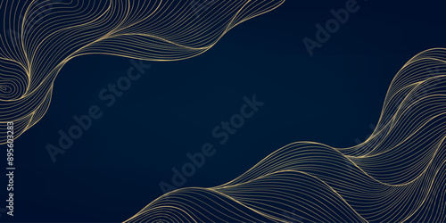 Vector art deco line wave pattern, gold on blue elegant texture, abstract wavy shapes. Premium illustration template, fancy dark copper graphic.