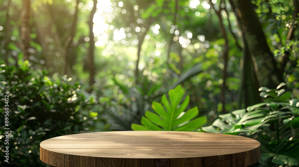 Table top wood counter floor podium in nature outdoors tropical forest garden blurred green jungle plant background.natural product present placement pedestal stand display,spring or summer concept Table top wood counter floor podium in nature outdoors tropical forest garden blurred green jungle plant background.natural product present placement pedestal stand display,spring or summer concept