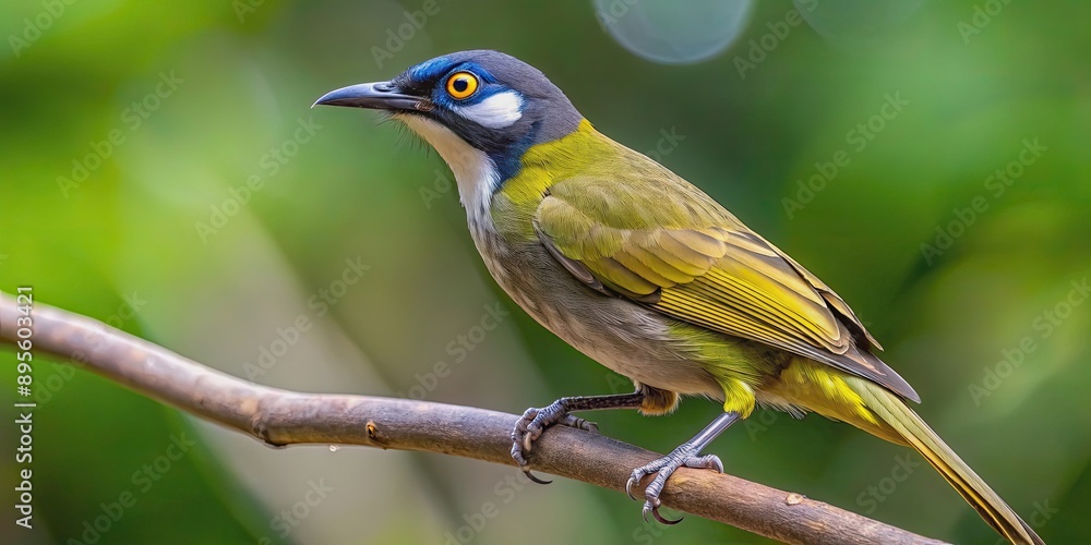 Obraz premium Close up of a Lewin's honeyeater perching on a rainforest branch in Nth Queensland , Lewin's honeyeater, bird