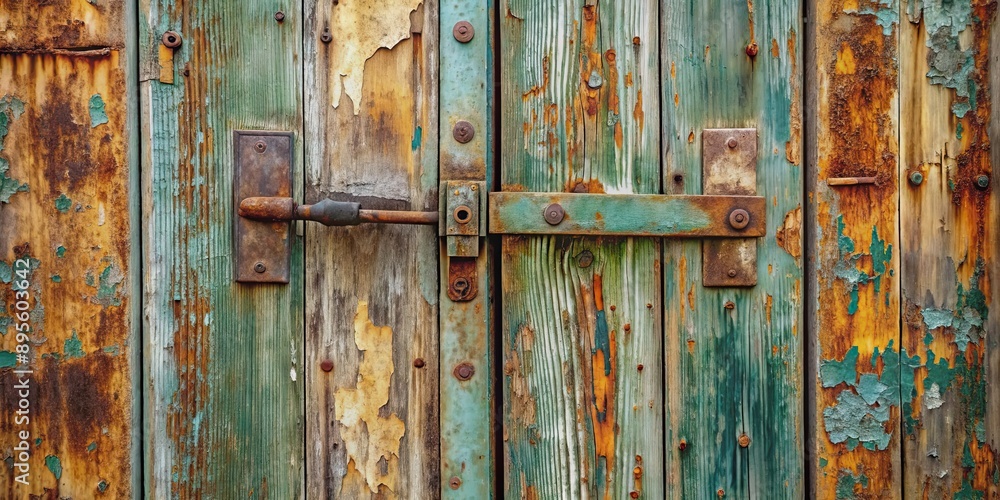 Weathered old wooden door with peeling paint and rusty hinges, vintage, rustic, entrance, texture, aged, worn Weathered old wooden door with peeling paint and rusty hinges, vintage, rustic, entrance, texture, aged, worn