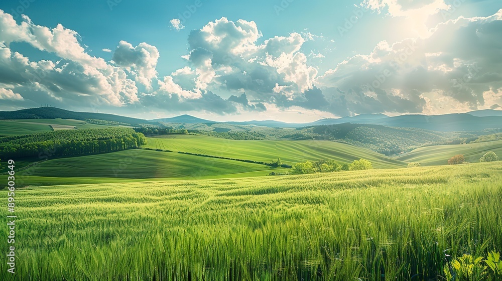 Beautiful Panorama of Rolling Green Fields. Spring or Summertime Background with White Fluffy Clouds and Natural Landscape. Beautiful Panorama of Rolling Green Fields. Spring or Summertime Background with White Fluffy Clouds and Natural Landscape.
