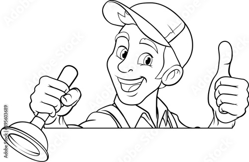 A plumber handyman plumbing construction cartoon mascot man holding a drain plunger tool.