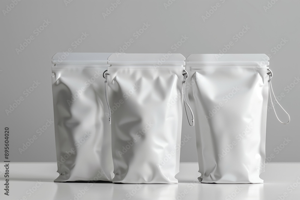 Minimalist White Flexible Pouches Mockup Showcased on Bright Gray Background Ideal for Packaging Design Minimalist White Flexible Pouches Mockup Showcased on Bright Gray Background Ideal for Packaging Design