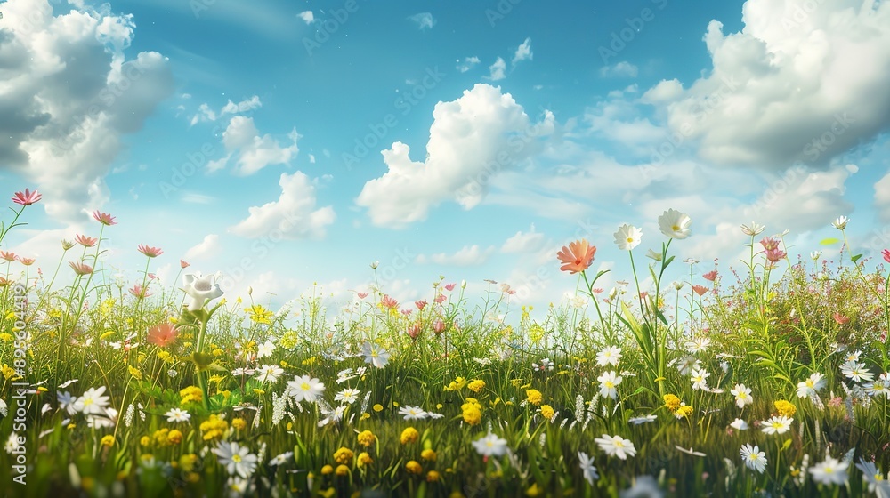 Fototapeta premium Wide panorama of a meadow with spring flowers. 
