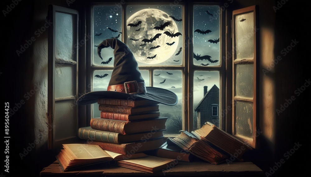 A witch's hat sits atop a stack of old books on a windowsill, with open books nearby and a spooky Halloween night scene visible through the window..Concept: Enchanting Halloween Eve A witch's hat sits atop a stack of old books on a windowsill, with open books nearby and a spooky Halloween night scene visible through the window..Concept: Enchanting Halloween Eve