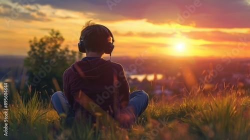 Fototapeta Naklejka Na Ścianę i Meble -  A young teen sitting on a grassy hill at sunset, headphones on, lost in music, the sunset providing a warm background with space for inspirational quotes. 