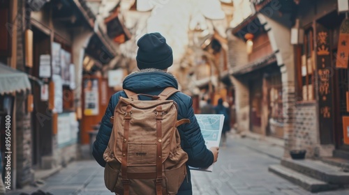 Fototapeta Naklejka Na Ścianę i Meble -  A teen boy exploring a small town, map in hand, the quaint street softly serving as a backdrop suitable for descriptive text. 