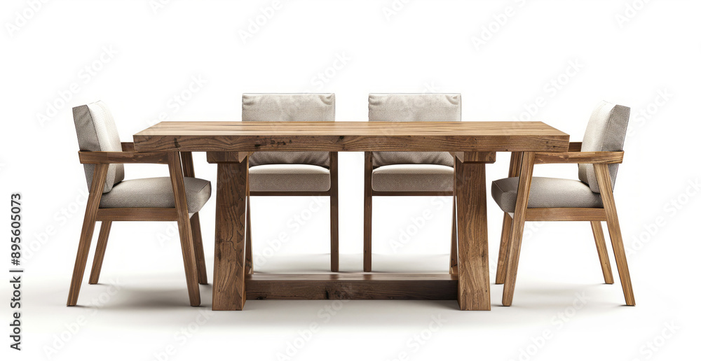 Fototapeta premium A modern solid wood dining table with four chairs isolated on a white background, in a detailed photographic style.