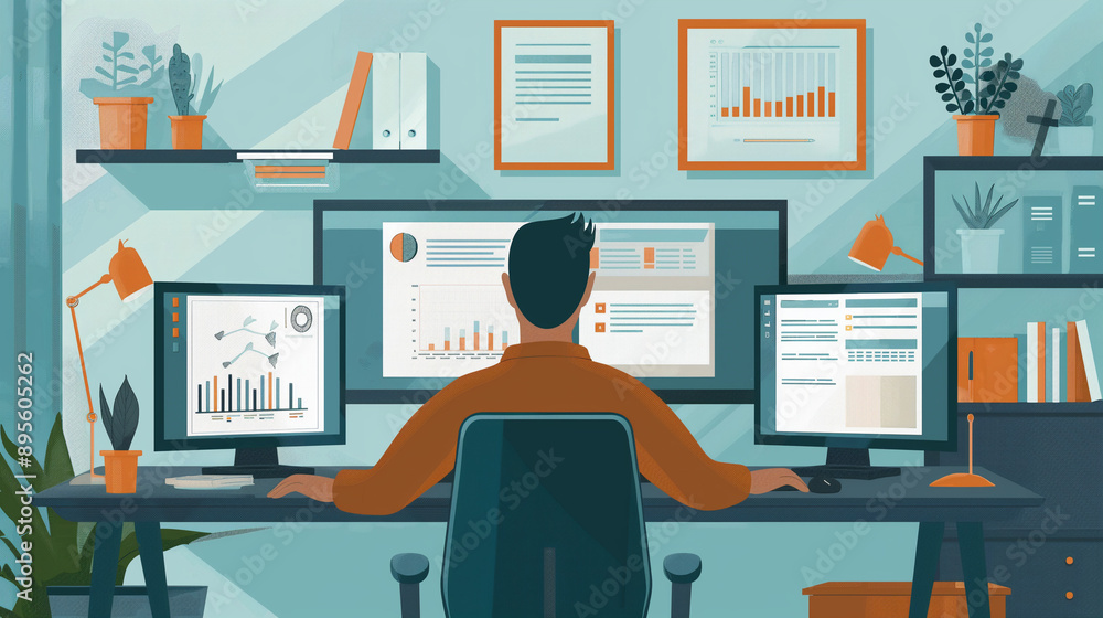 A worker in a stylish home office, using dual monitors and productivity apps to manage tasks and participate in meetings, with a focus on design A worker in a stylish home office, using dual monitors and productivity apps to manage tasks and participate in meetings, with a focus on design