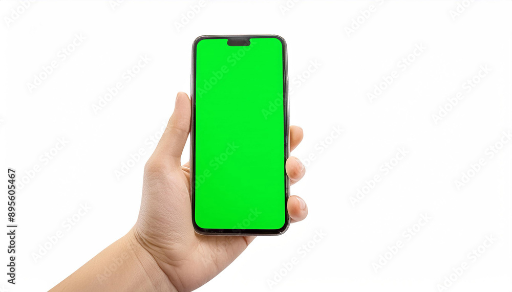A hand holding a modern smartphone with a green screen, isolated on a white background, perfect for showcasing apps or websites. A hand holding a modern smartphone with a green screen, isolated on a white background, perfect for showcasing apps or websites.