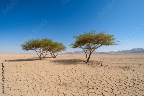 A desert composition featuring resilient trees captures the stark beauty and adaptability of life in arid conditions.