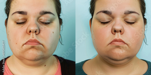 Before and after photos of an obese woman's face, with her chin appearing more defined in the second photograph due to deeper fat cheeks, showing a slimmer woman.