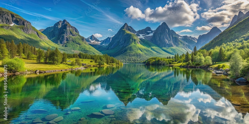 Naklejka premium A serene landscape of untouched nature in Norway with crystal clear lakes, lush green forests, and towering mountains