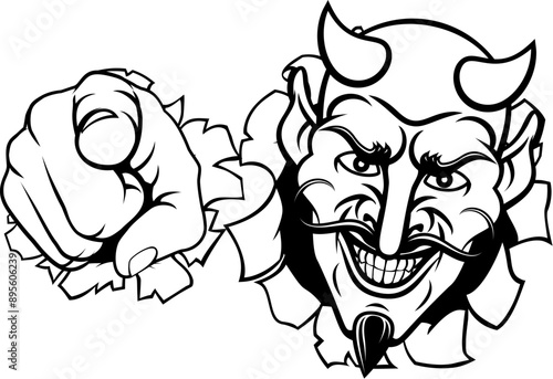 Devil satan mascot cartoon character pointing at the viewer in a needs or wants you gesture