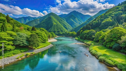 Beautiful summer landscape in Japan with green mountains, clear blue skies, and a flowing river , Japan, summer, landscape