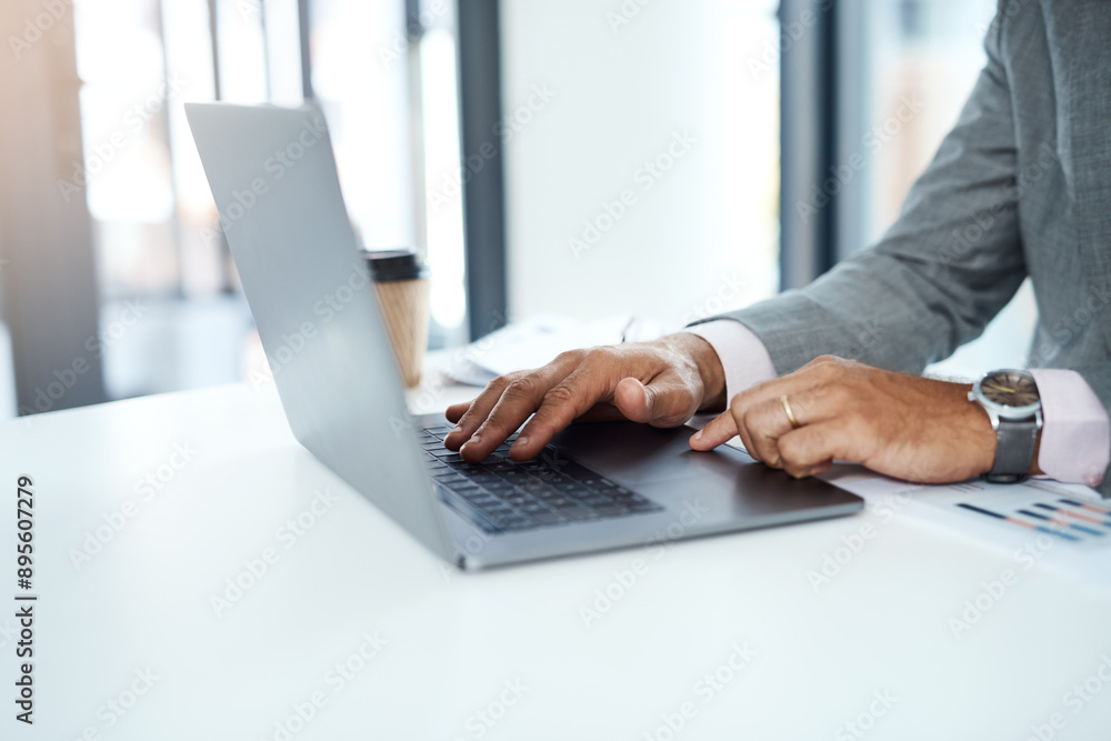 Accounting, hands and laptop with business person at desk in office for investment or savings. Computer, finance and typing with professional accountant in corporate workplace for online trading Accounting, hands and laptop with business person at desk in office for investment or savings. Computer, finance and typing with professional accountant in corporate workplace for online trading