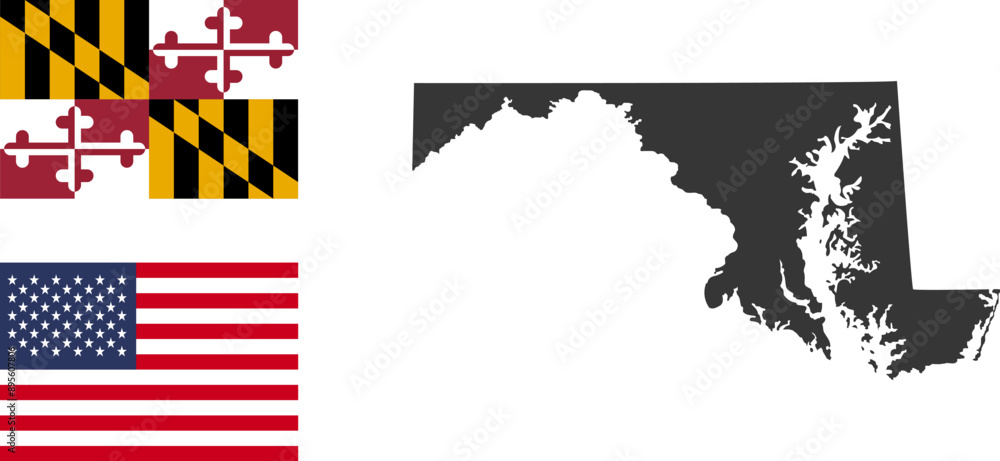 Obraz premium Maryland state of USA. Maryland flag and territory. States of America territory on white background. Separate states. Vector illustration