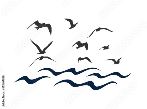 The blue sea symbol with flying birds.