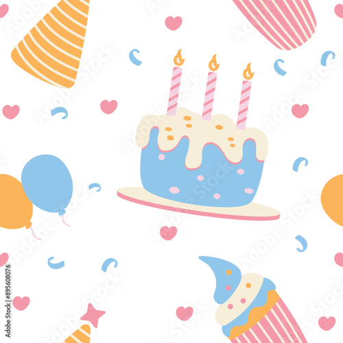 Cute Birthday Cake Cupcake Seamless Pattern Motif Confetti Decoration Vector Illustration