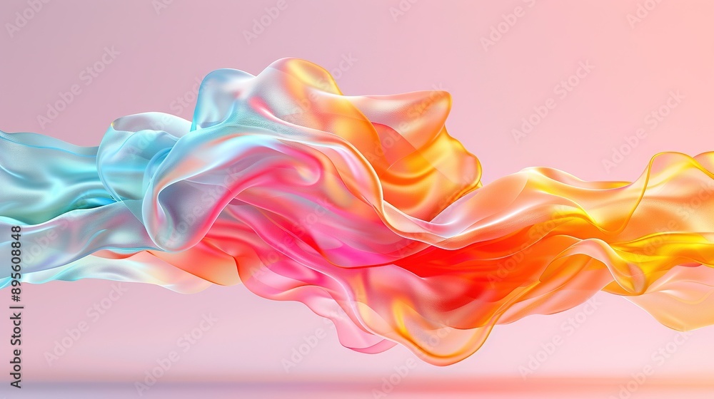 A multicolored wave of fabric billows in the wind against a pink, blue, yellow, and pink backdrop A multicolored wave of fabric billows in the wind against a pink, blue, yellow, and pink backdrop