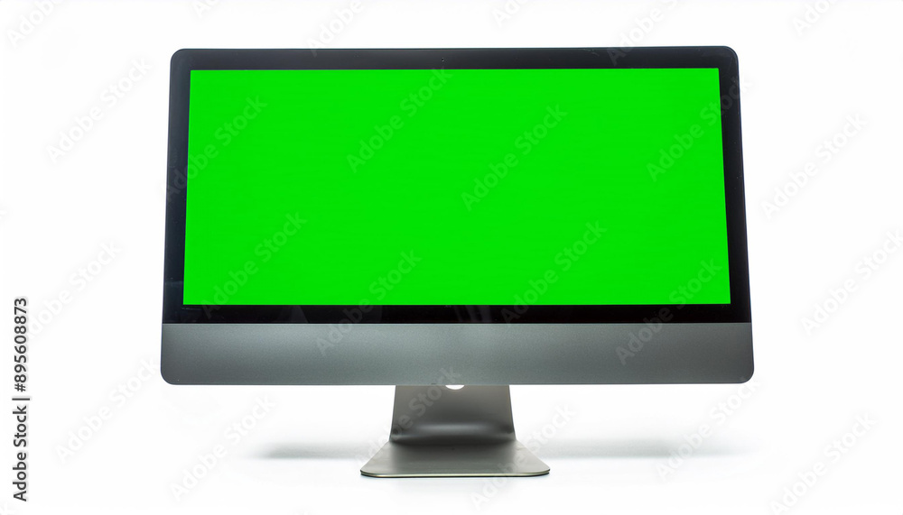 A modern computer monitor with a green screen, placed on a stand, isolated on a white background, ideal for website or software mockups. A modern computer monitor with a green screen, placed on a stand, isolated on a white background, ideal for website or software mockups.