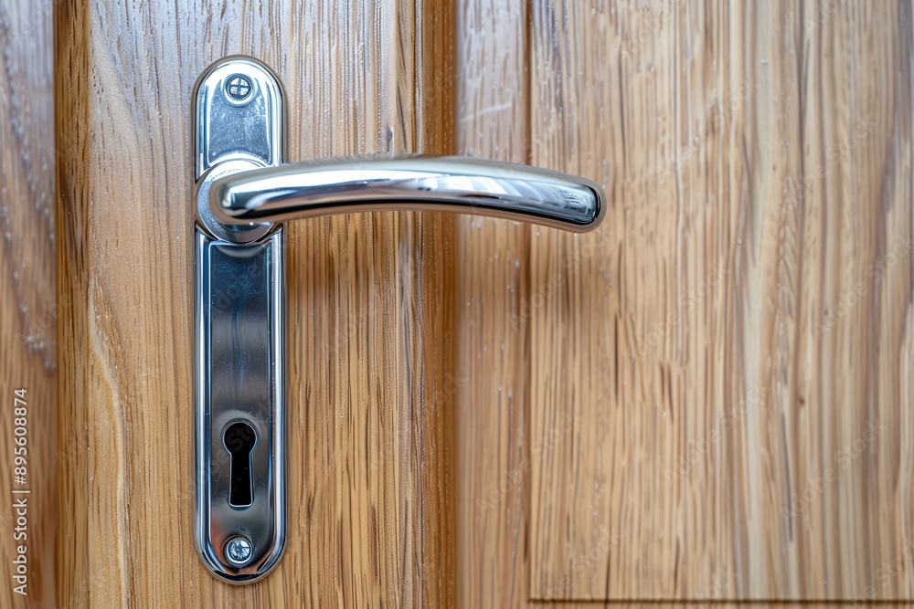 Doorknob. Metal door handle lock and latch of brass on veneer doors. Door wooden half opening through interior bedroom background, selective focus. Modern trends in interior design. Close-up. Doorknob. Metal door handle lock and latch of brass on veneer doors. Door wooden half opening through interior bedroom background, selective focus. Modern trends in interior design. Close-up.