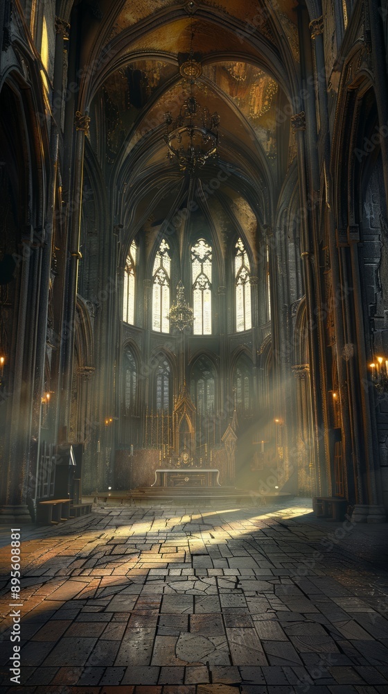 Obraz premium Gothic Cathedral Interior, 4K hyperrealistic photo