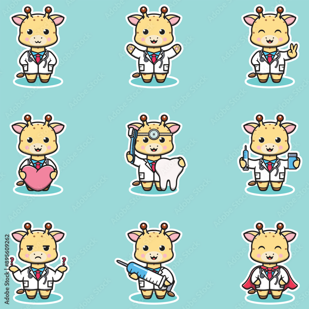 Vector illustration of Cute Character Cartoon of Giraffe Doctor. Giraffe character different poses illustration. Flat Cartoon Style. Animal Health Concept. Vector illustration of Cute Character Cartoon of Giraffe Doctor. Giraffe character different poses illustration. Flat Cartoon Style. Animal Health Concept.