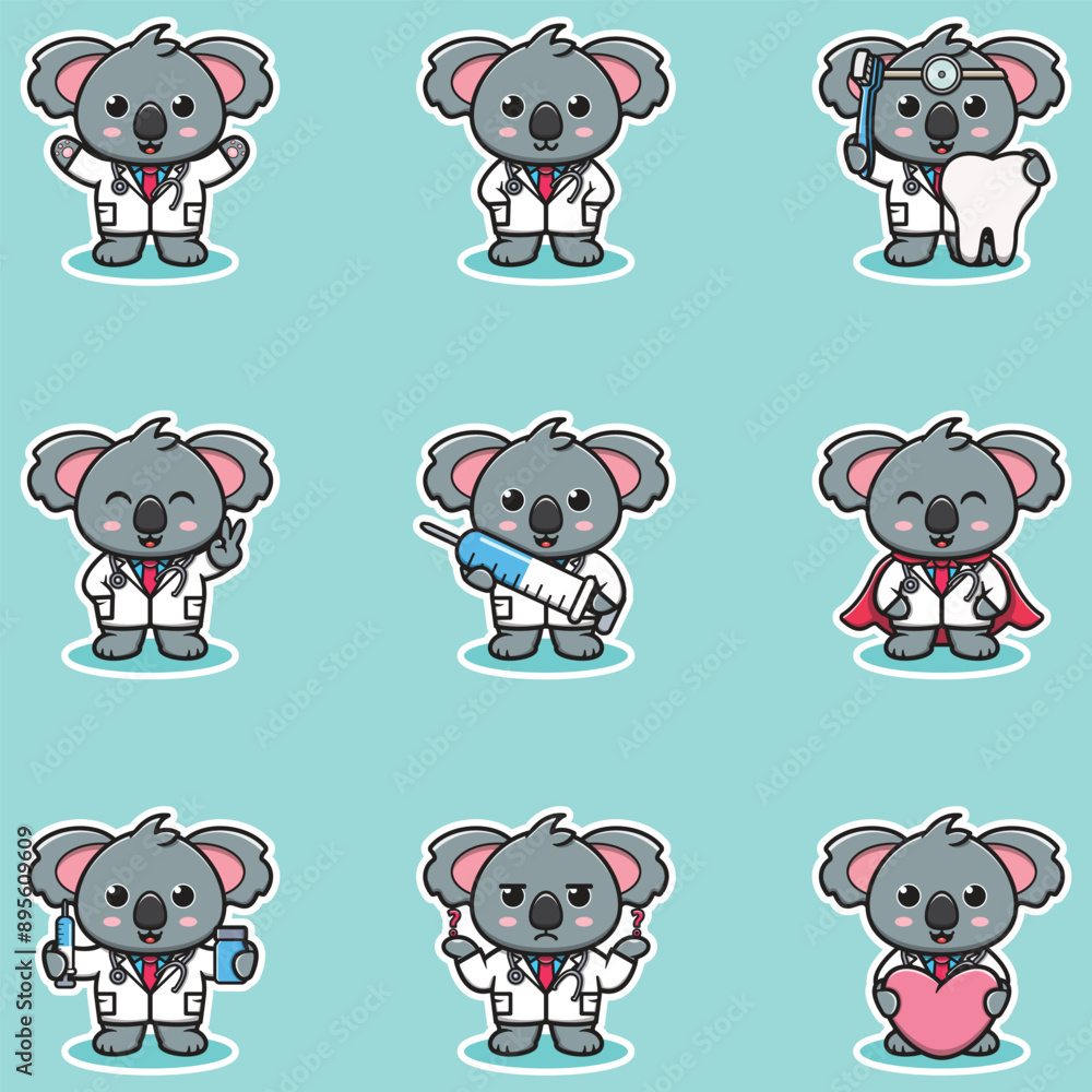 Vector illustration of Cute Character Cartoon of Koala Doctor. Koala character different poses illustration. Flat Cartoon Style. Animal Health Concept. Vector illustration of Cute Character Cartoon of Koala Doctor. Koala character different poses illustration. Flat Cartoon Style. Animal Health Concept.