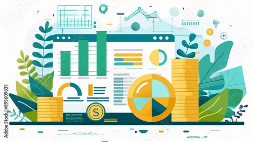 Colorful digital illustration depicting financial data analysis with charts, graphs, and coins, emphasizing growth and statistics.
