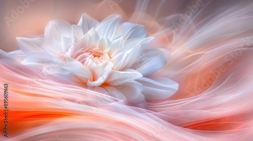  White-centered red flower on pink-orange backdrop with white-orange swirls