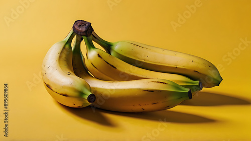 A bunch of ripe bananas placed on a bright yellow background, emphasizing their tropical appeal and cheerfulness.