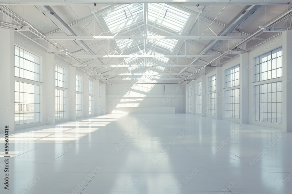 Empty modern white warehouse with a spacious interior and clean white background Empty modern white warehouse with a spacious interior and clean white background