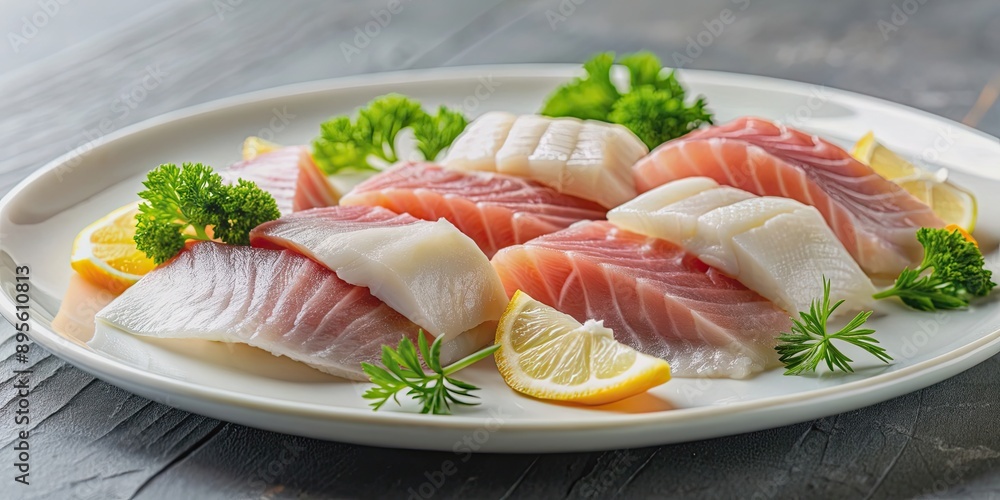 Close-up of raw fish pieces on a white plate, sushi, sashimi, seafood, Japanese cuisine, fresh, healthy, gourmet Close-up of raw fish pieces on a white plate, sushi, sashimi, seafood, Japanese cuisine, fresh, healthy, gourmet