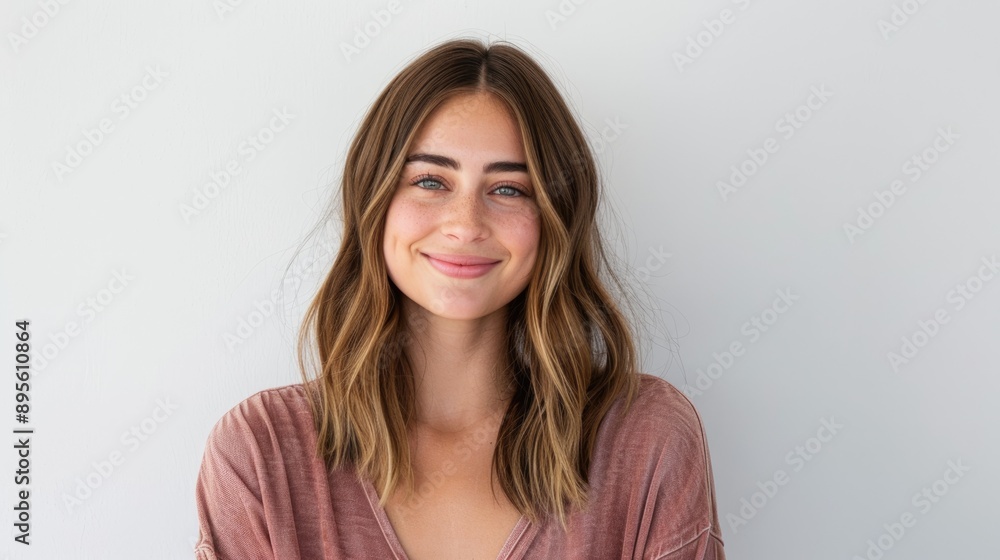 Beautiful woman presenting with a friendly smile, half-body shot against a solid white background with plenty of copy space Beautiful woman presenting with a friendly smile, half-body shot against a solid white background with plenty of copy space