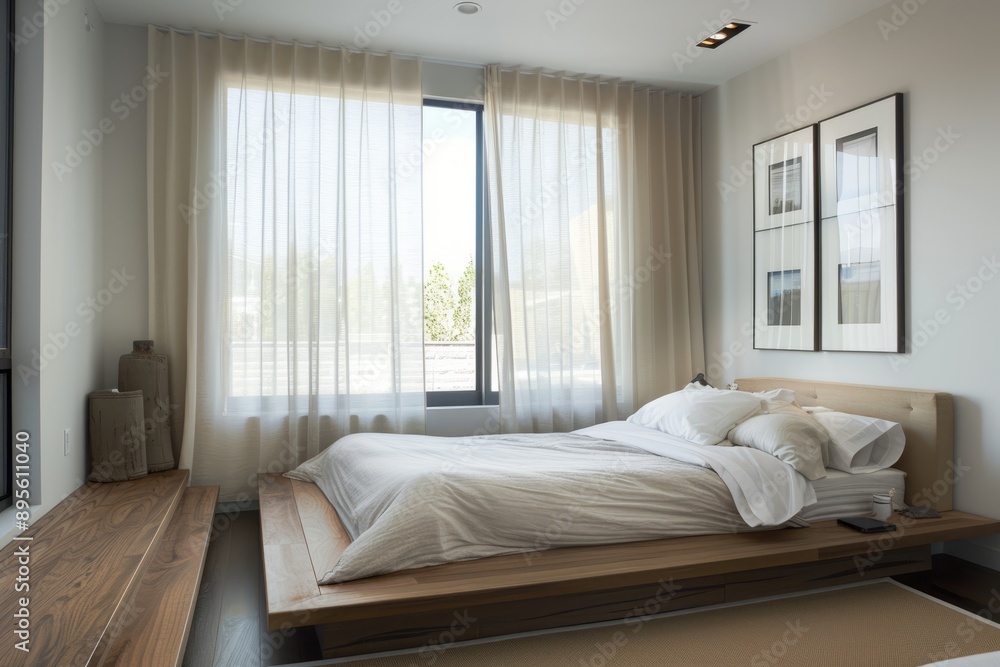 Cozy modern bedroom with a platform bed, neutral decor, and a large window Cozy modern bedroom with a platform bed, neutral decor, and a large window
