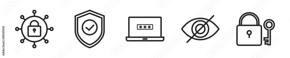Security and Protection icon set. Set of 5 outline icons related to cybersecurity, passwords, warnings, personal data protection. Linear icon collection. Security outline icons collection. Security and Protection icon set. Set of 5 outline icons related to cybersecurity, passwords, warnings, personal data protection. Linear icon collection. Security outline icons collection.