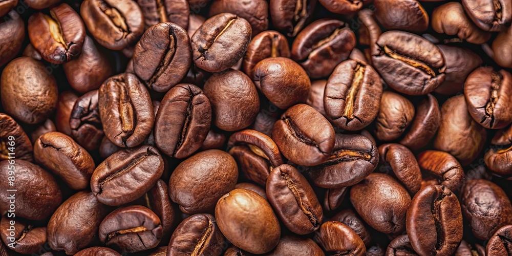 Fototapeta premium Close up view of dark brown roasted coffee beans, coffee, beans, roasted, dark brown, background, top view, close up, gourmet