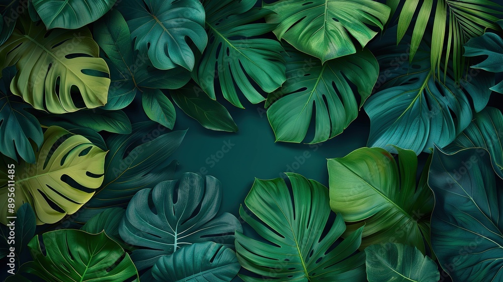 Naklejka premium A cluster of green leaves against a dark background, featuring a green circle at center point, presents as a dark background with a green circle