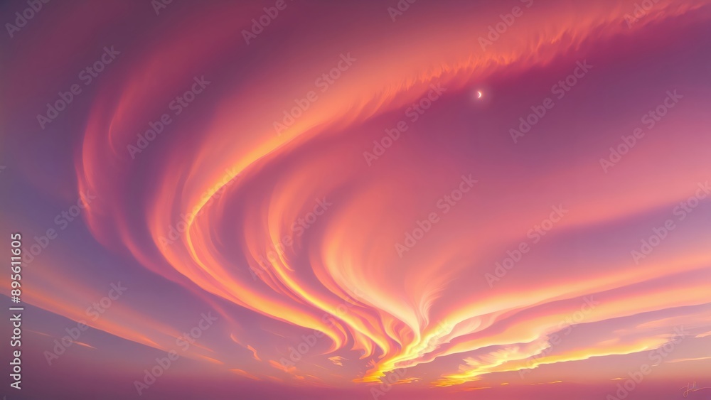 custom made wallpaper toronto digitalGenerative AI, Serene sunset sky with vibrant, swirling clouds and a gentle glow from the setting sun, creating a dreamy, ethereal atmosphere