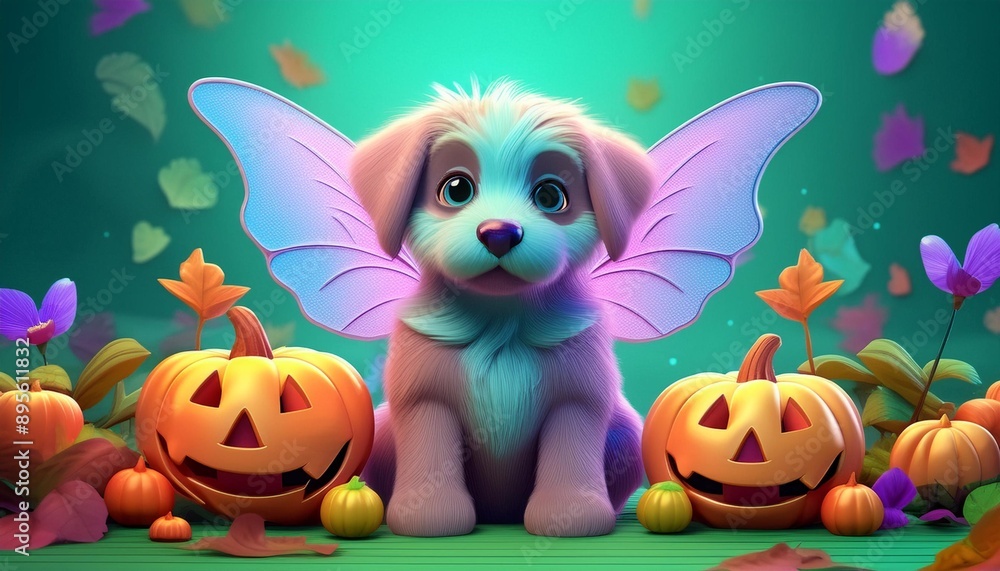 Obraz premium Puppy in a fairy costume, sitting on a pumpkin patch, and a whimsical Halloween background