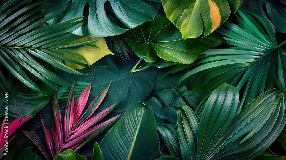 Close-up of green and pink leaves on black background with green center circle Close-up of green and pink leaves on black background with green center circle