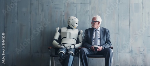 AI robot sitting on a chair next to an elderly man with coffee, both waiting for a job interview. AI vs human concept. futuristic technology coexisting with people in a professional environment