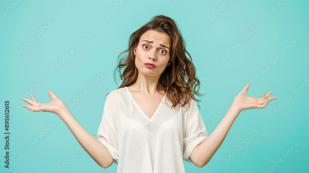 A woman with a perplexed expression, wearing a white blouse, gestures confusion against a turquoise background. A woman with a perplexed expression, wearing a white blouse, gestures confusion against a turquoise background.