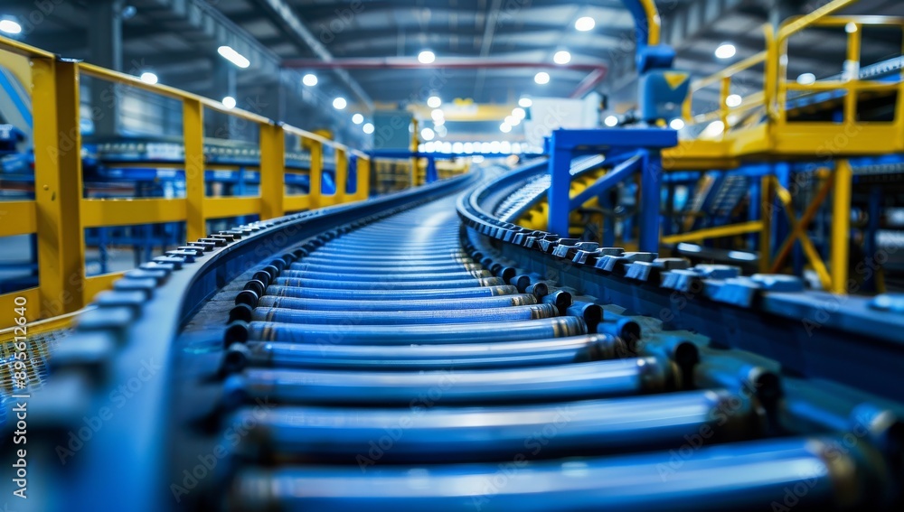 Conveyor belt in a modern factory, modern warehouse machinery. Automated Conveyor Belt Workflow in Distribution Warehouse for Efficient E Commerce Logistics Conveyor belt in a modern factory, modern warehouse machinery. Automated Conveyor Belt Workflow in Distribution Warehouse for Efficient E Commerce Logistics